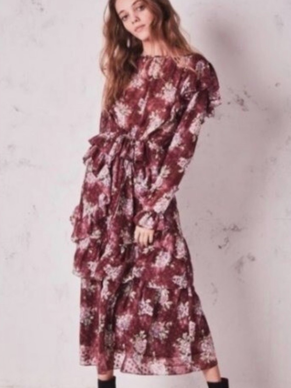 LoveShackFancy Silk Sonia Maxi Dress in Floral Print with Tiered Ruffles